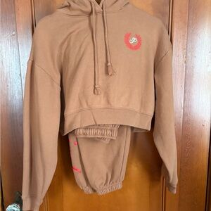 PINK Victoria's Secret Brown Cropped Hoodie & Jogger Set with Pink Logo